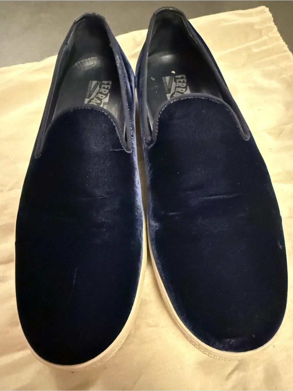 Salvatore Ferragamo Navy Velvet Slip-On Loafers with White Sole